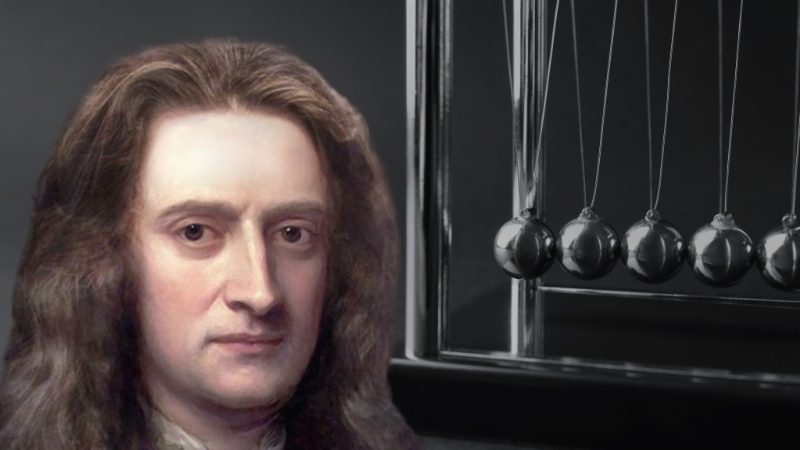Isaac Newton portrait next to a Newton’s cradle that shows motion and force principles
