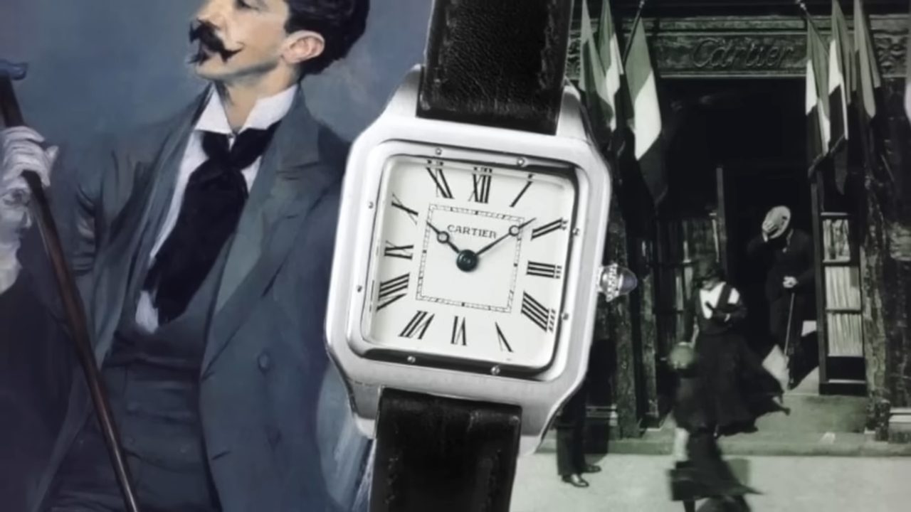Vintage Cartier wristwatch beside illustrations of early 1900s gentlemen