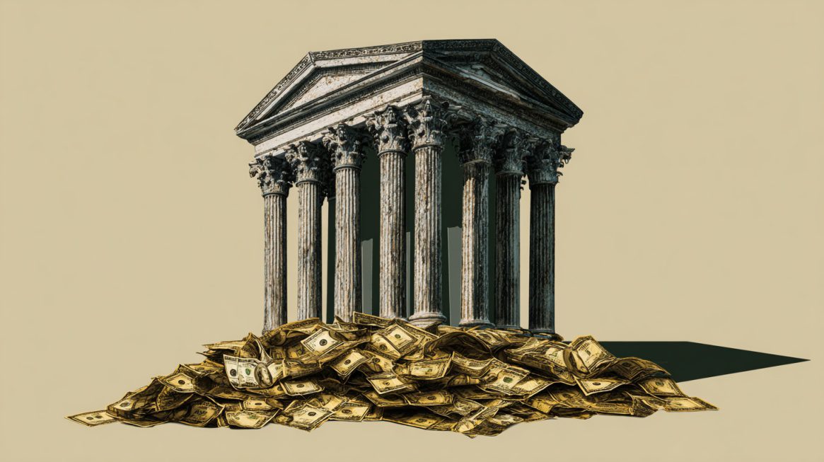 Illustration of a classical stone building standing on a pile of cash, symbolizing historical financial institutions and economic systems