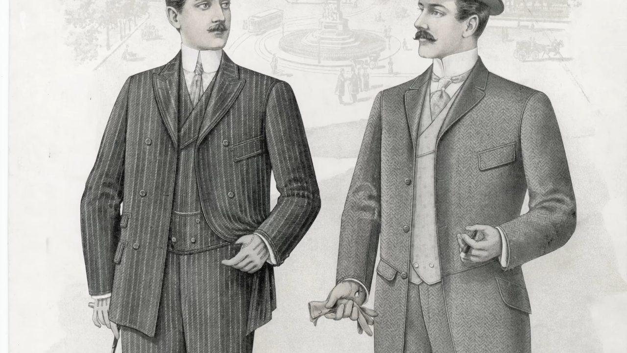 Illustration of two well-dressed gentlemen in formal late 1800s suits and hats