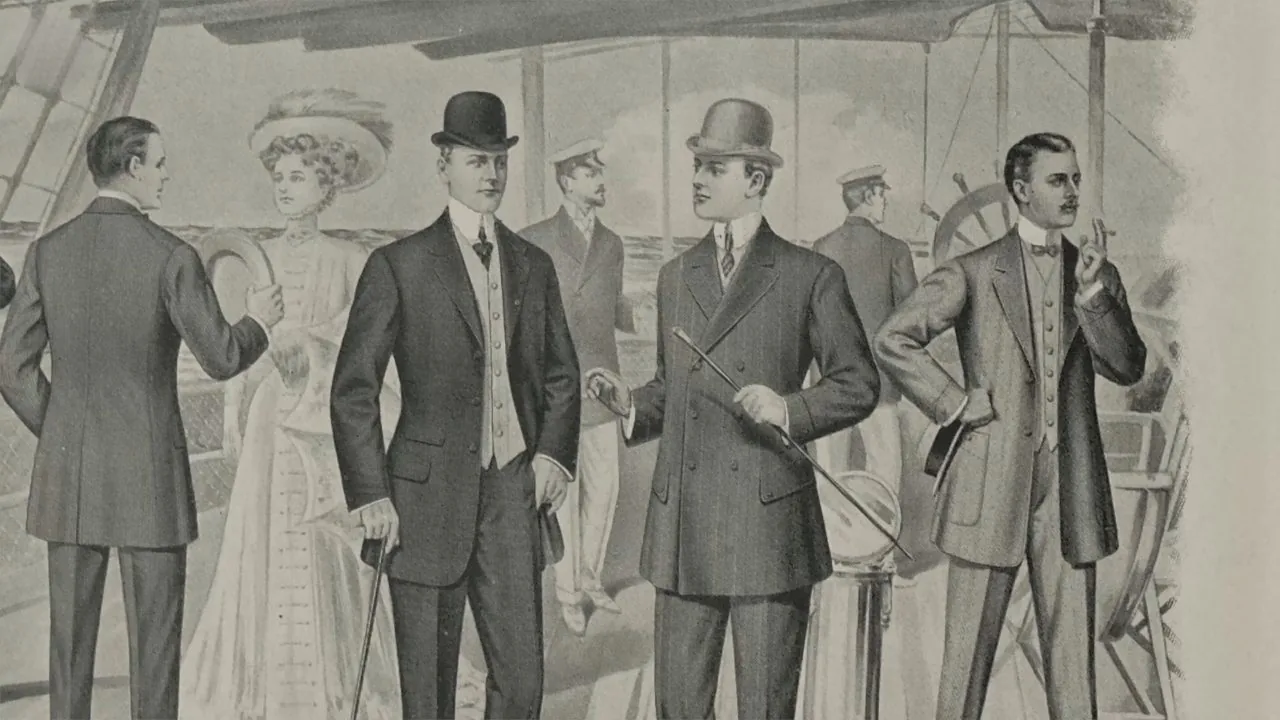 Illustration of well-dressed gentlemen in formal 1800s attire aboard a ship