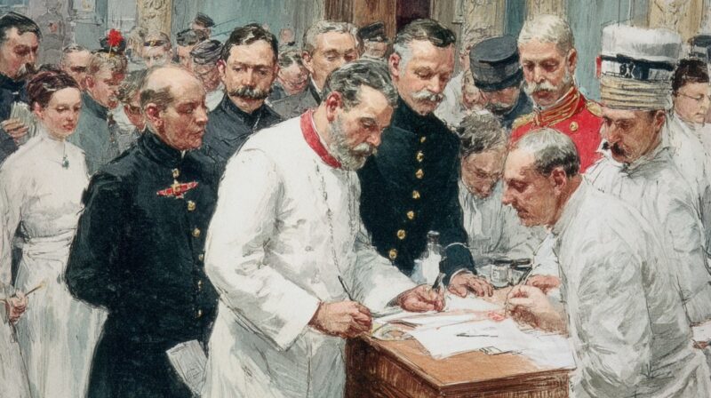 Historical illustration showing doctors, officials, and uniformed figures gathered around a medical examination table during the late 19th century.