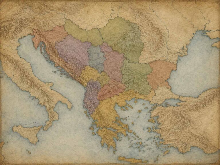 Vintage map illustration showing the Balkan region with country borders, mountains, coastlines and nearby seas.