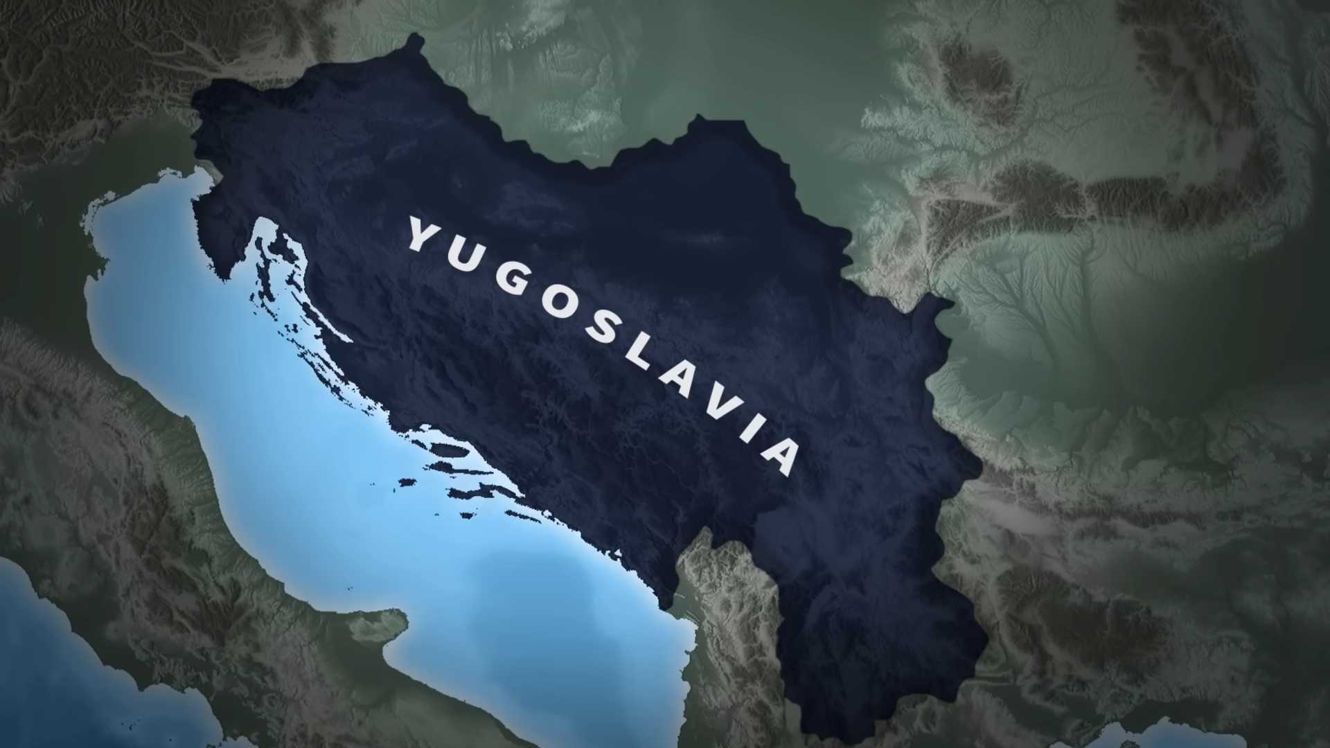 Dark map showing the former territory of Yugoslavia across Southeast Europe.